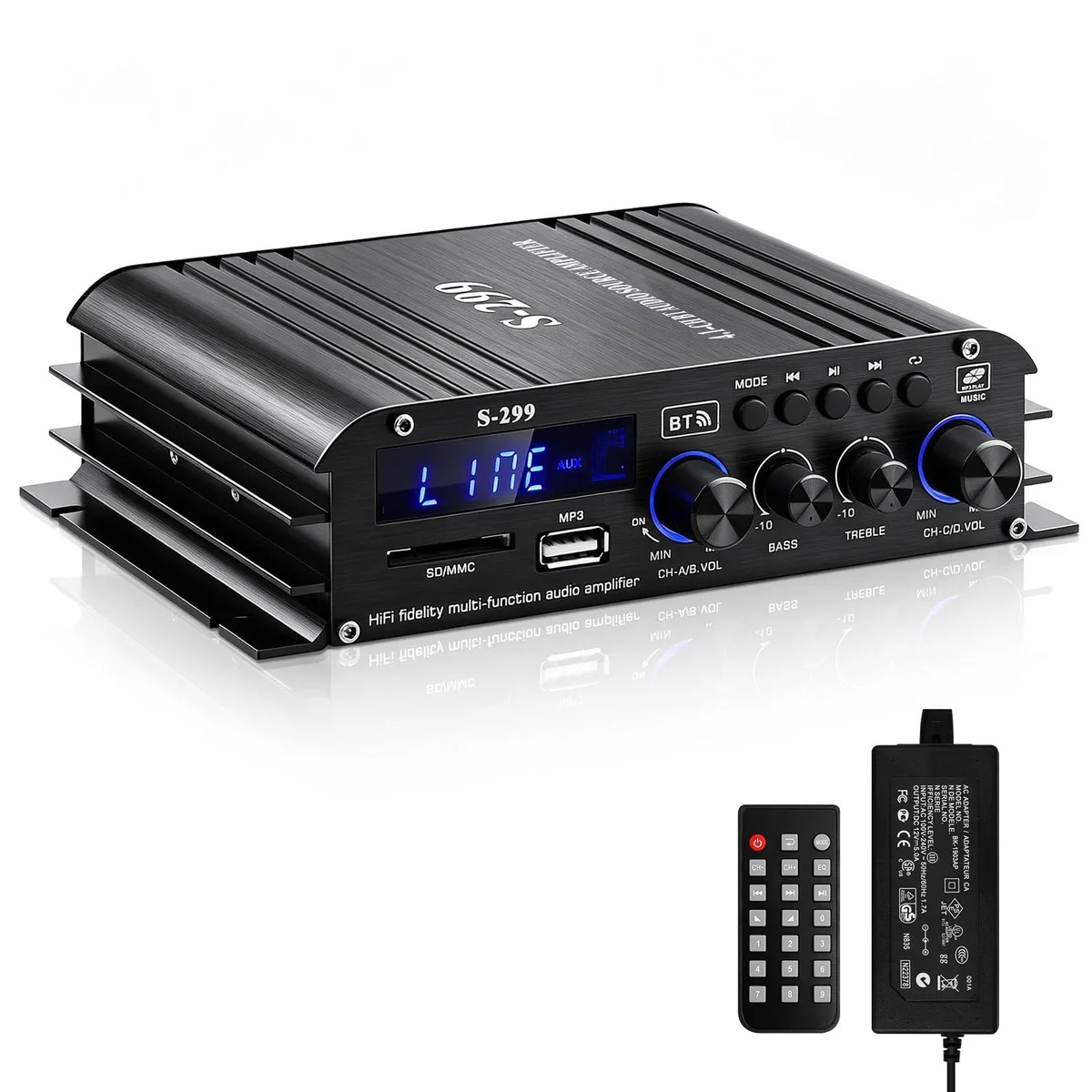Compact black amplifier unit with front knobs and rear speaker terminals