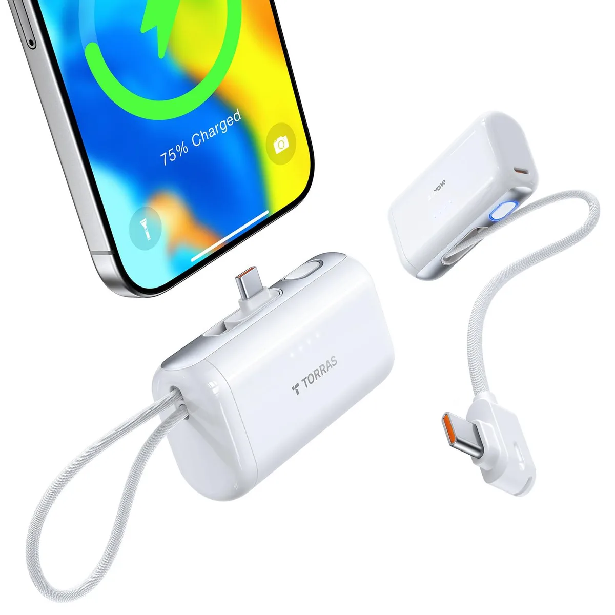 Small white rectangular power bank with built-in USB-C cable, Arctic White finish