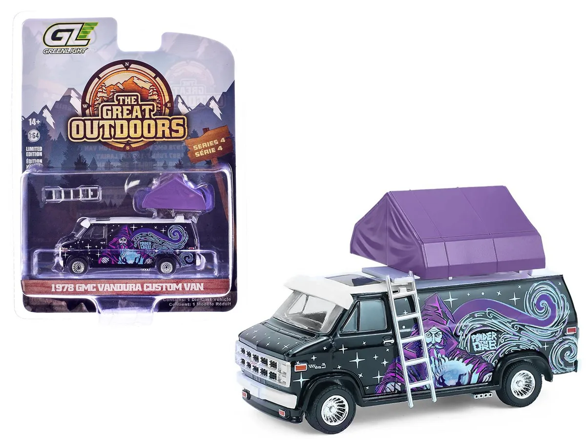 GREENLIGHT GREENLIGHT 1978 GMC Vandura Custom Van Black Wizard Graphics White Top Cartop Sleeper Tent 1/64 Diecast — product photo