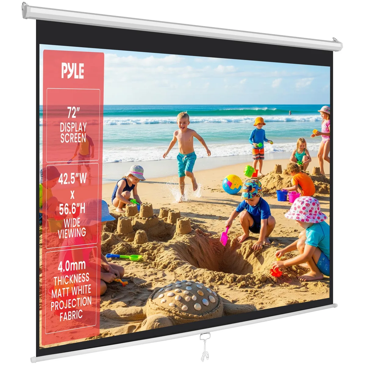 White rectangular pull-down screen in metal case with black borders
