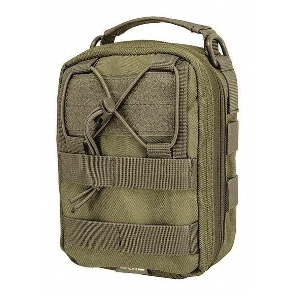 Olive drab MOLLE first-aid pouch with dual zippers and Velcro panel