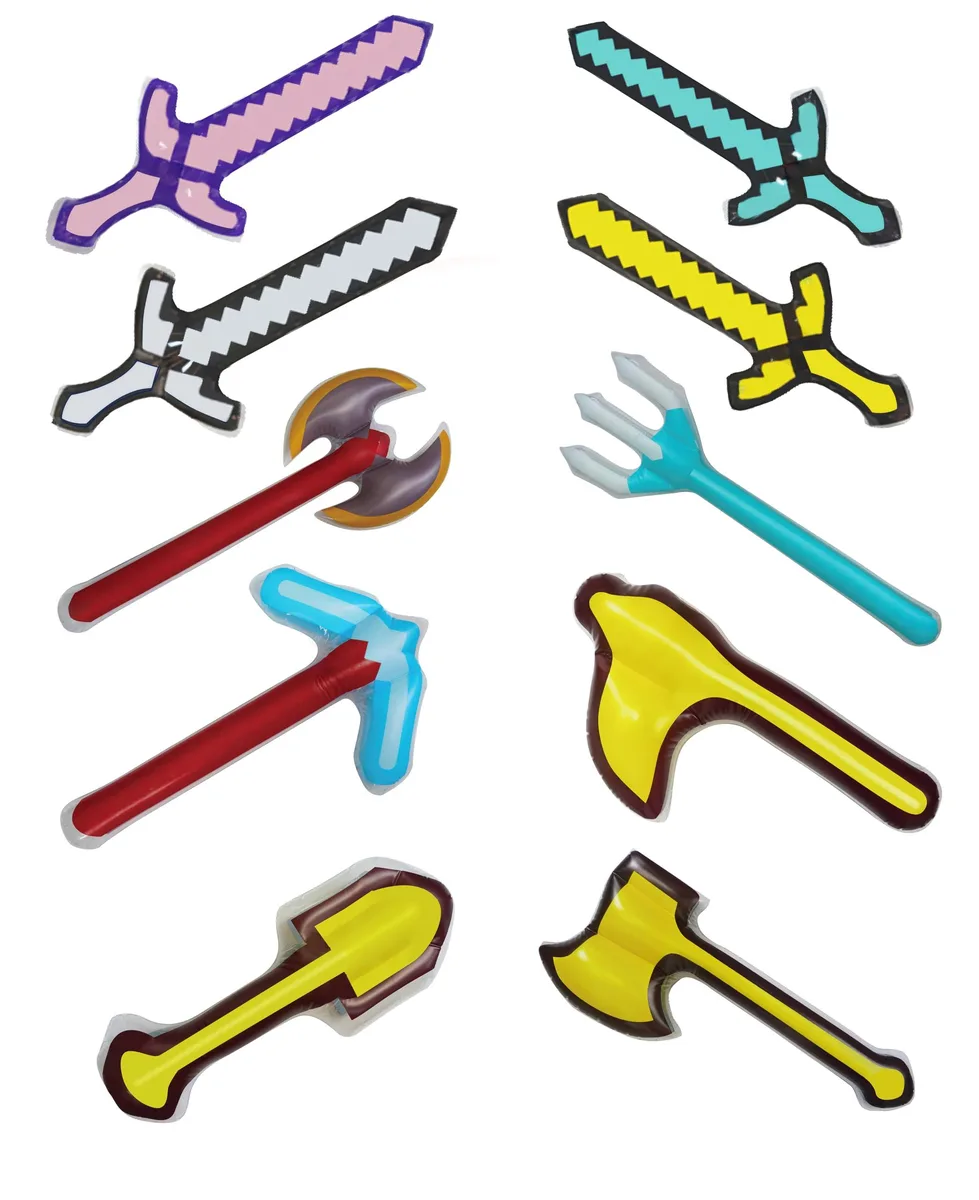 Inflatable sword, axe and trident in bright colours, light plastic finish