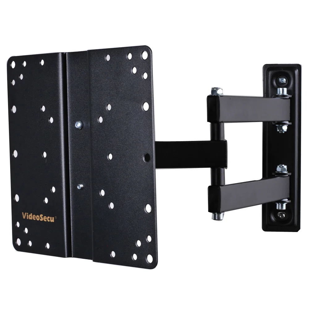 Black steel TV wall mount with articulated arms folded flat against wall plate