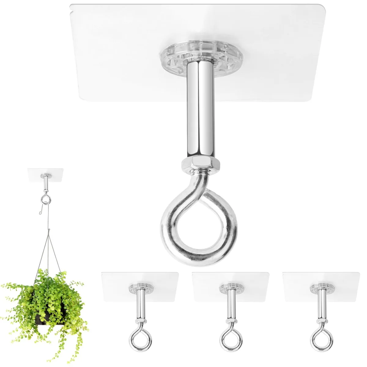 Four stainless-steel adhesive ceiling hooks with 10cm pads, 14mm columns, 25lb rating