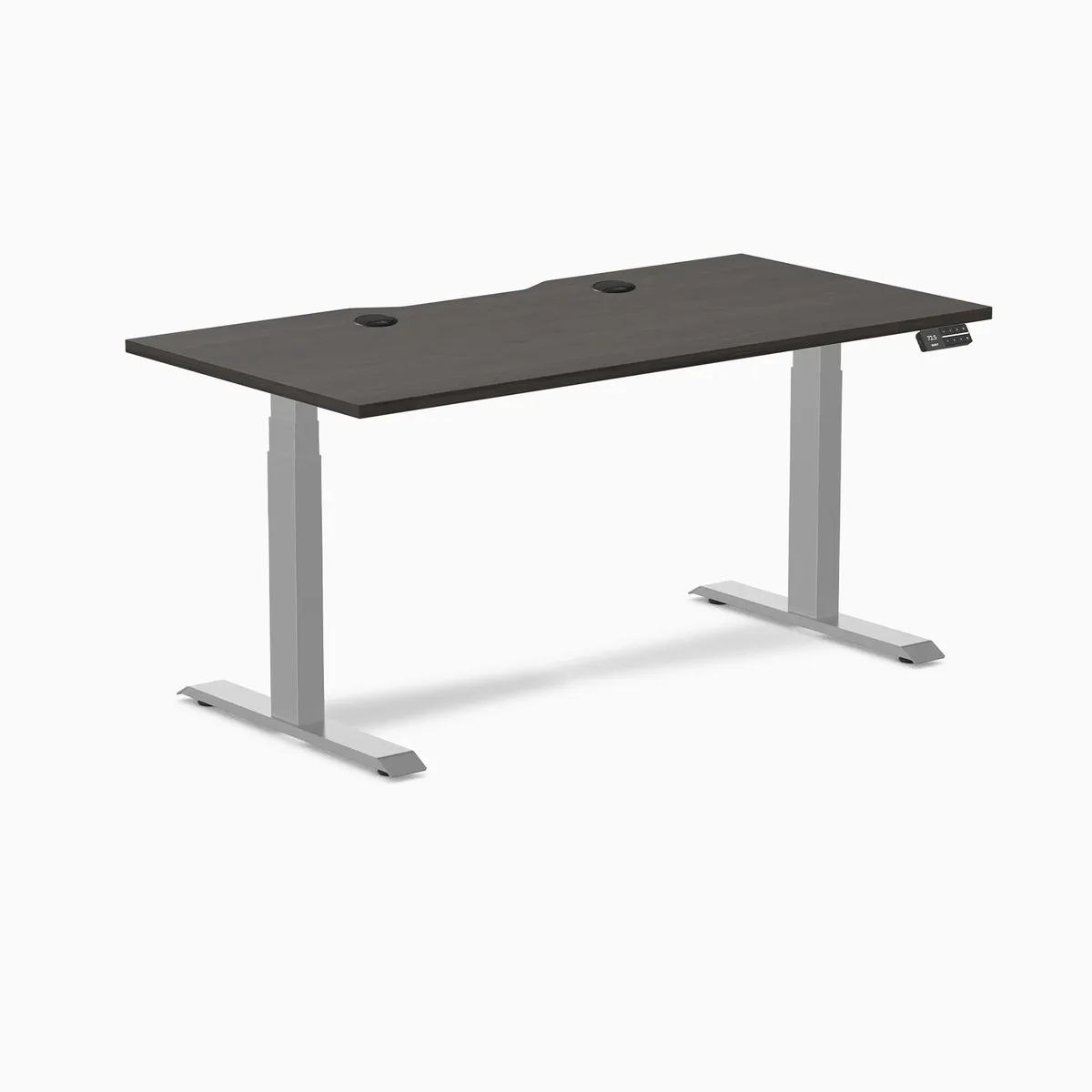 Desky Desky Dual Scalloped Laminate Sit Stand Desk Burnished Wood Grey 59.1 x 29.5 in with Grommets — product photo