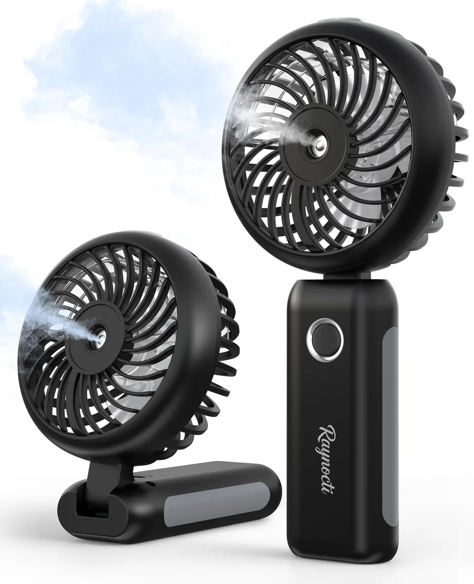 Black handheld misting fan, foldable, matte finish