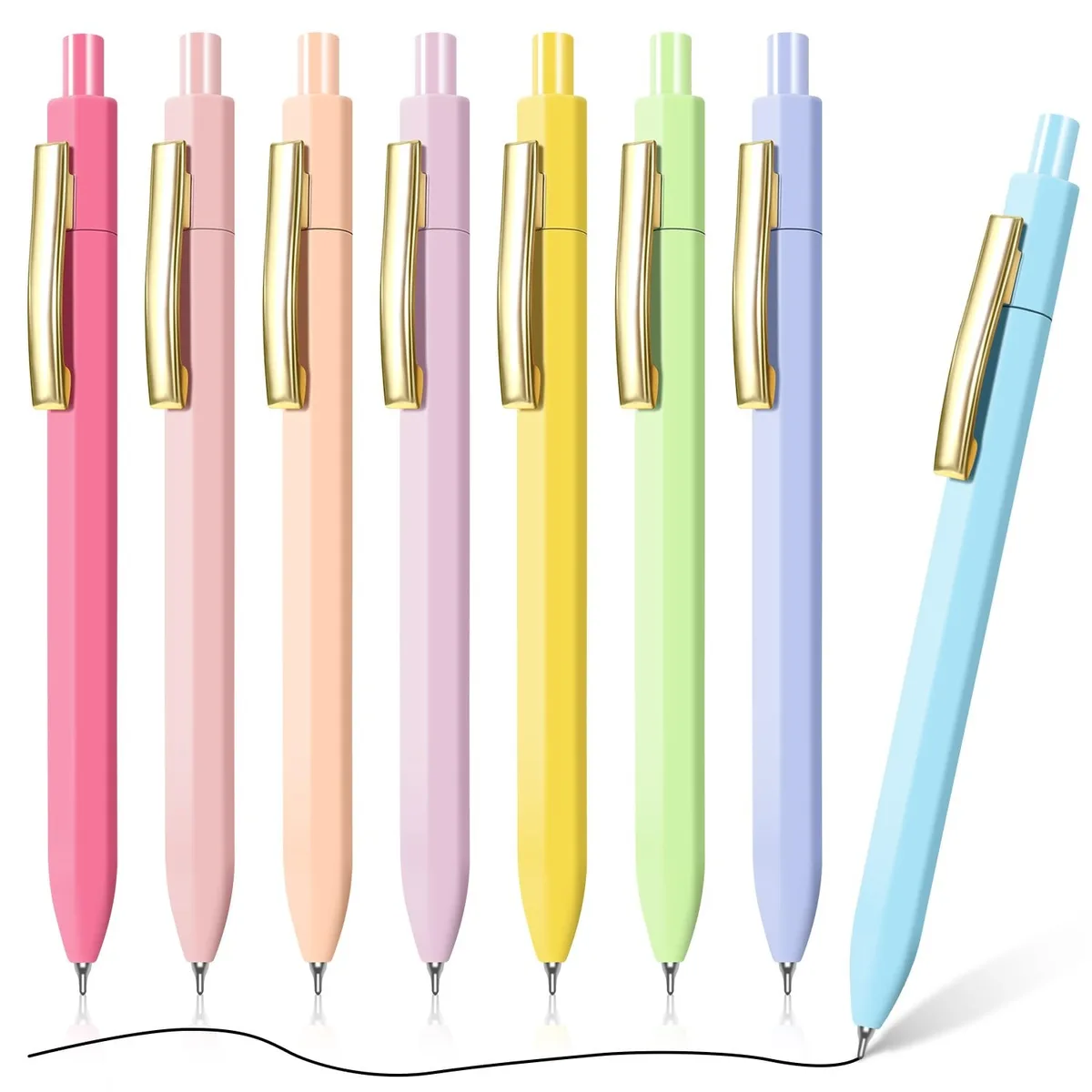 Eight blue ballpoint pens with retractable tips and metal clips