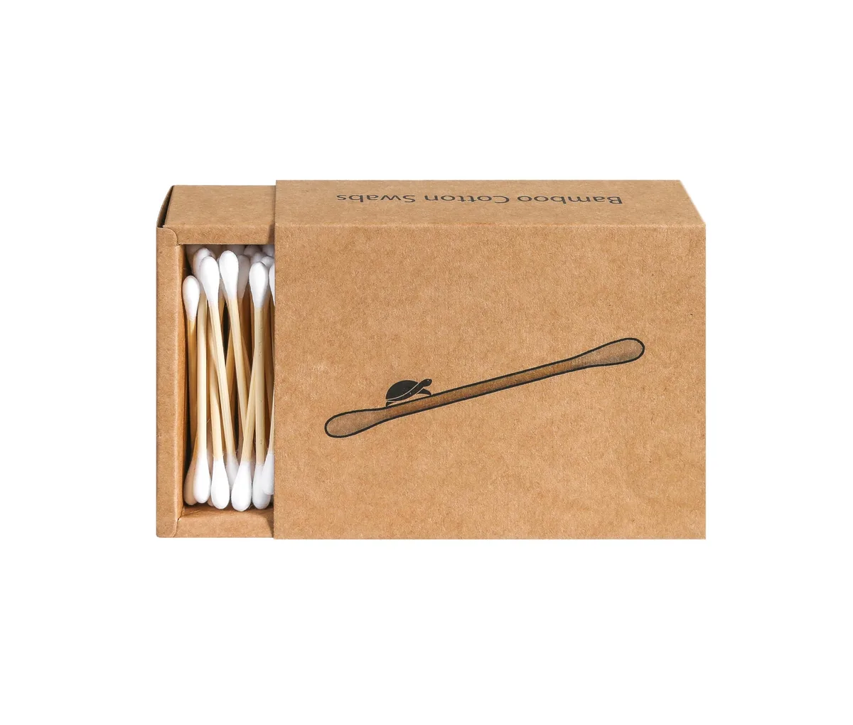 Rectangular kraft box containing 200 bamboo cotton swabs with white cotton tips