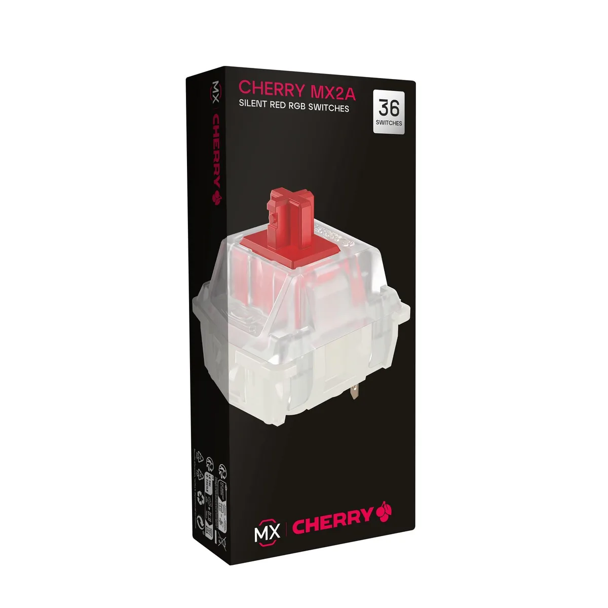 Clear plastic box holding thirty-six Cherry MX2A Silent Red linear switches