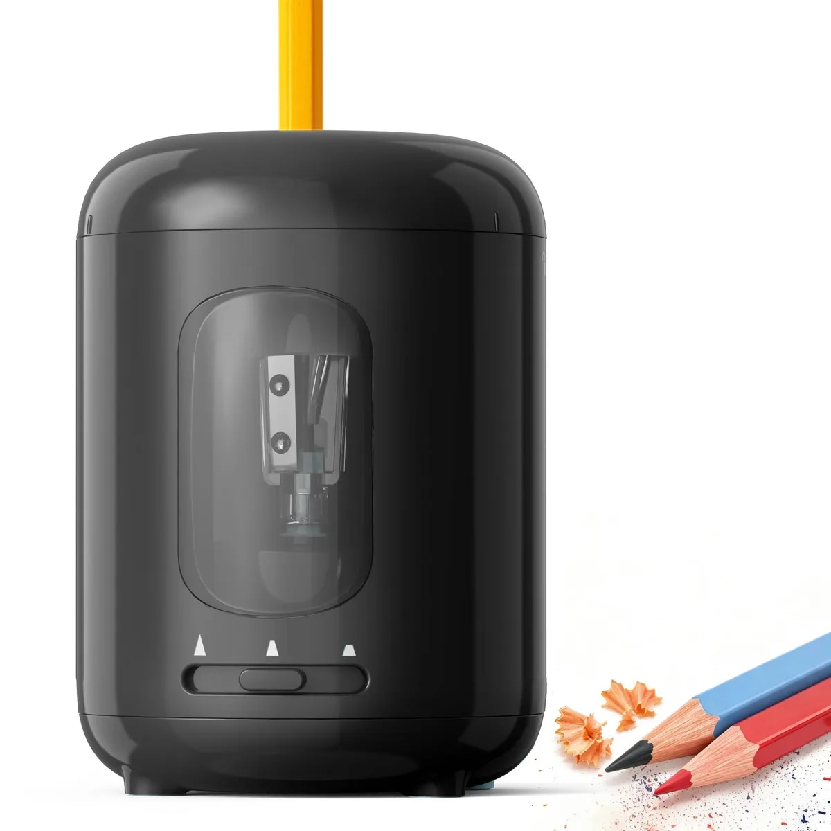 Black battery-powered electric pencil sharpener with shavings bin