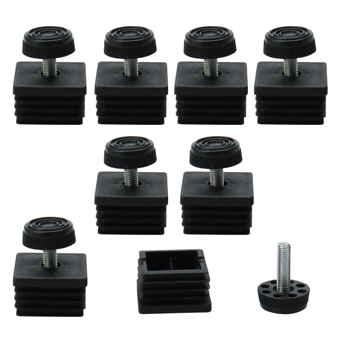 Eight black plastic square tube inserts with adjustable threaded feet, 40mm