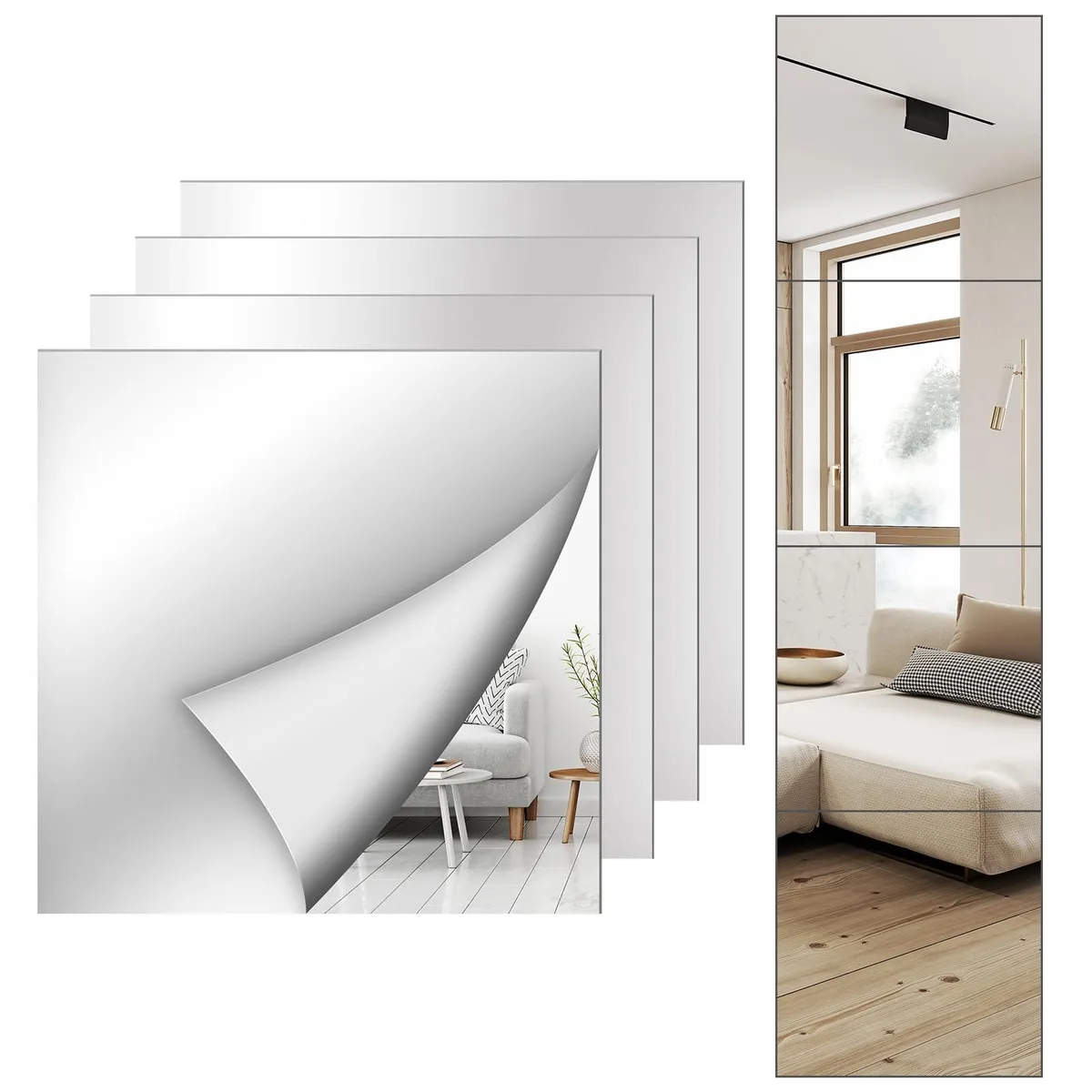 Four square acrylic mirror tiles, twelve by twelve inches, frameless reflective finish