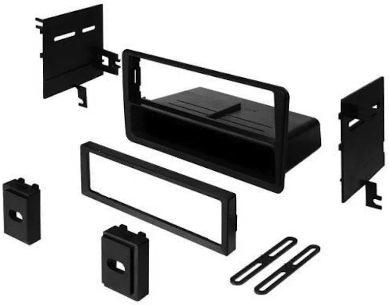 Black single DIN dash kit with textured finish storage pocket and trim plate