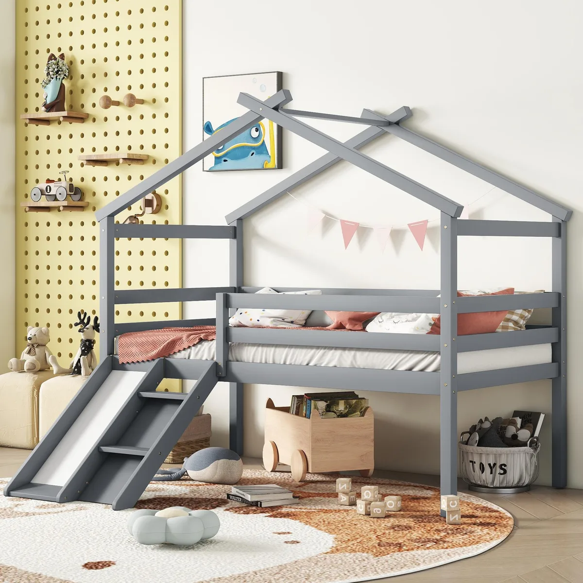 Grey pine low loft house bed with slide and ladder
