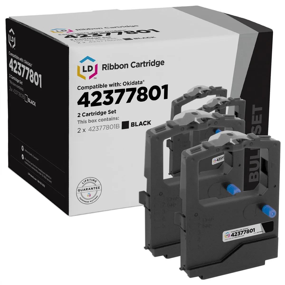 Two black printer ribbon cartridges in plastic packaging