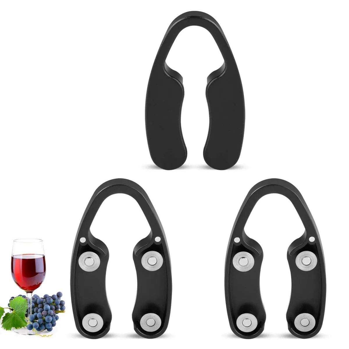 Three black wine foil cutters with magnetic sides and four stainless steel blades each