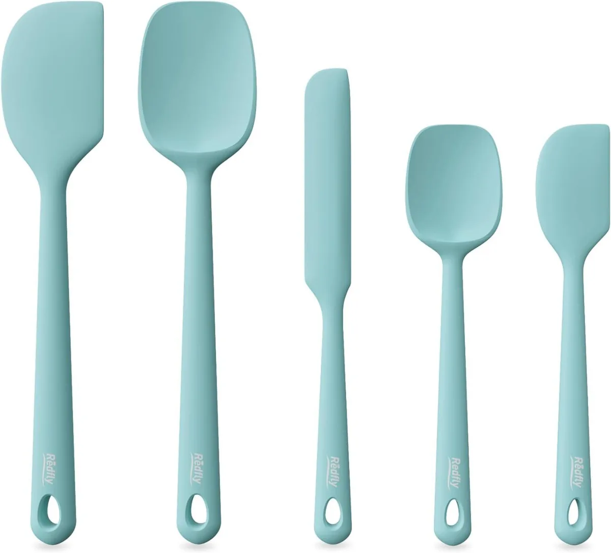 Five green silicone spatulas with flexible rectangular heads and handles