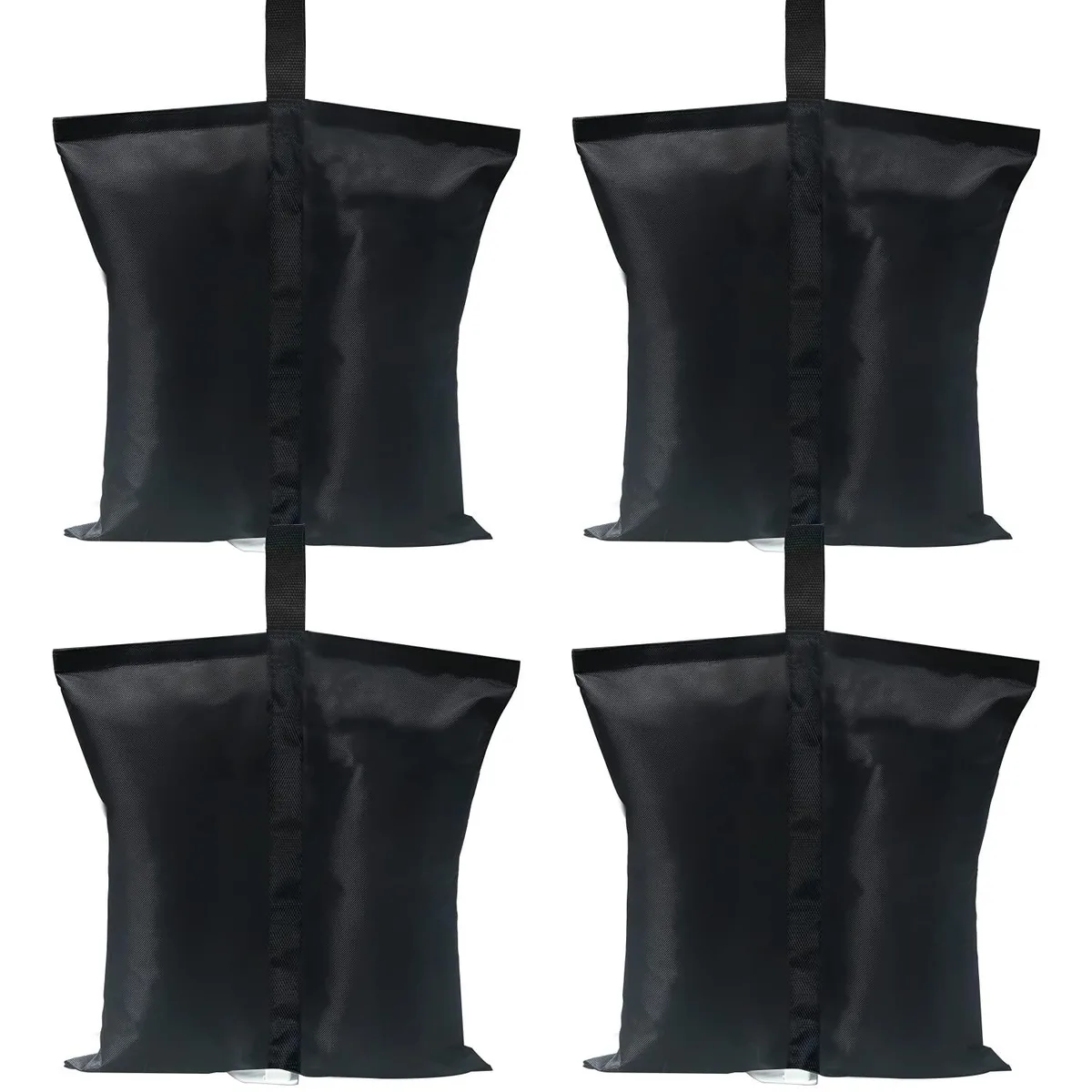 Four black fabric weight bags with Velcro straps, rectangular shape, empty for sand or rocks