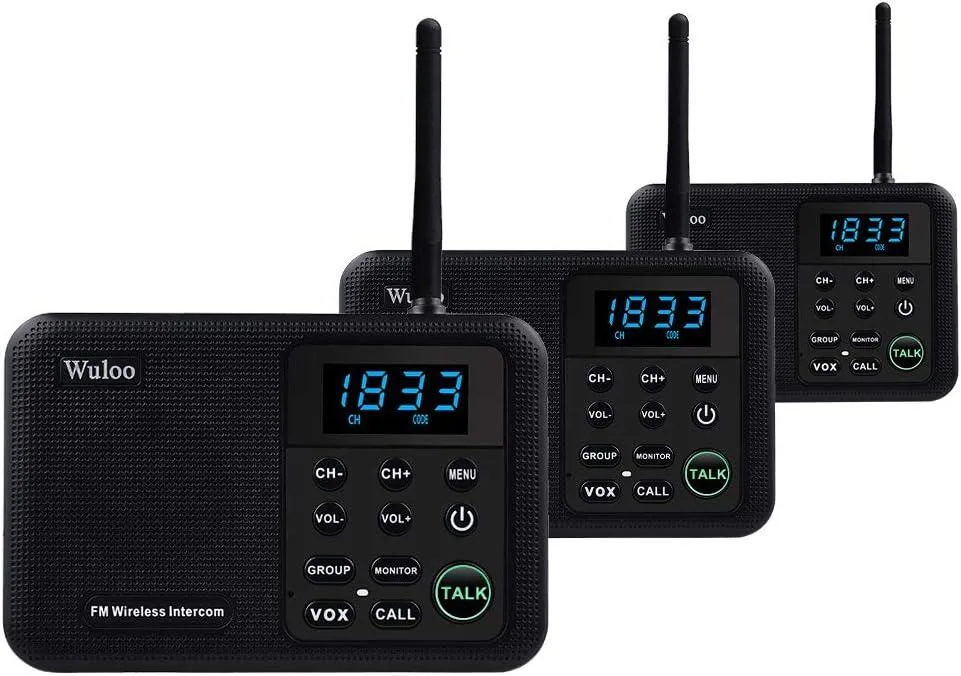 Three black wireless intercom handsets with display screens