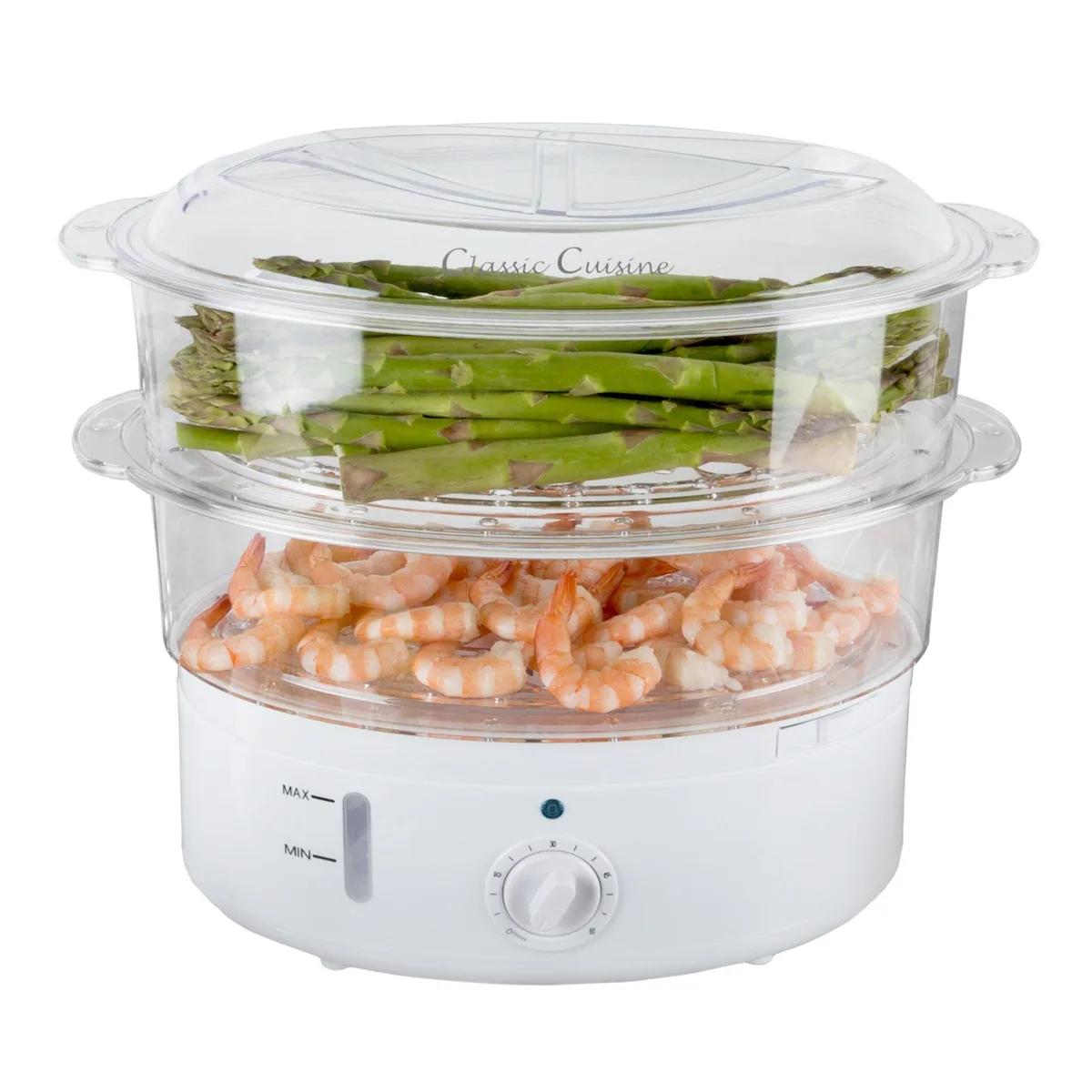 White 6.3 quart electric rice cooker with two clear steam tiers, timer dial and indicator light
