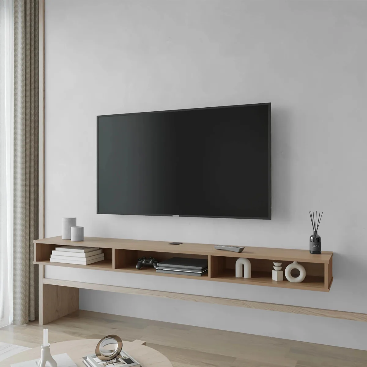 Light wood rectangular TV stand with three open shelves