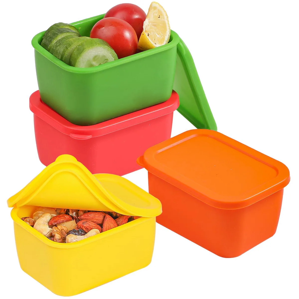 Four rectangular red silicone containers with matching lids arranged side by side
