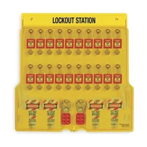 Yellow covered lockout station with clear window showing 20 red padlocks, 4 hasps, 48 tags inside