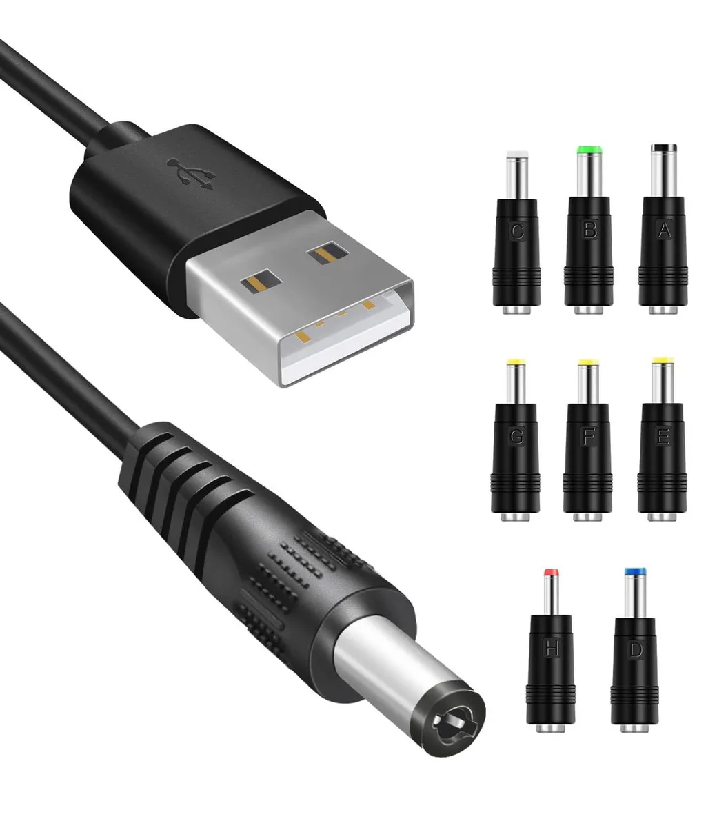  5V DC Power Cable USB to 5.5x2.1mm with 8 Adapters 3.3ft 3A — product photo