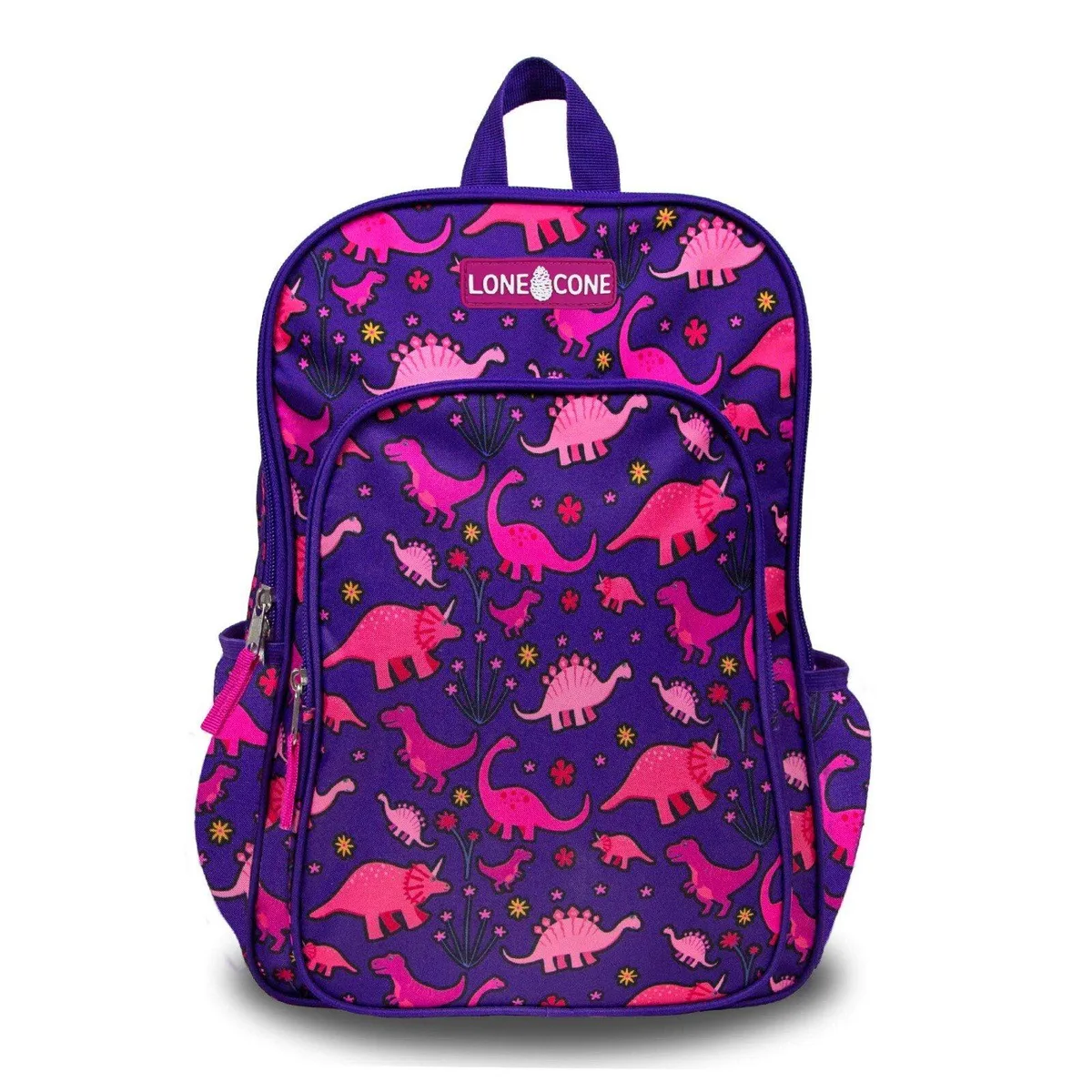 Pink kids' backpack with dinosaur graphic, padded straps, zipper front, 15 by 11 by 3.5 inches