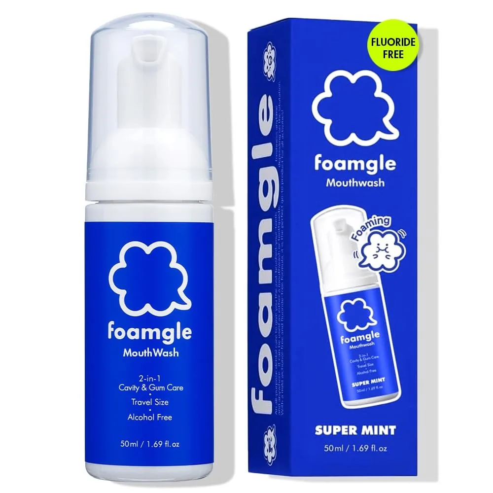 White and blue 50 mL foam oral care bottle with pump dispenser