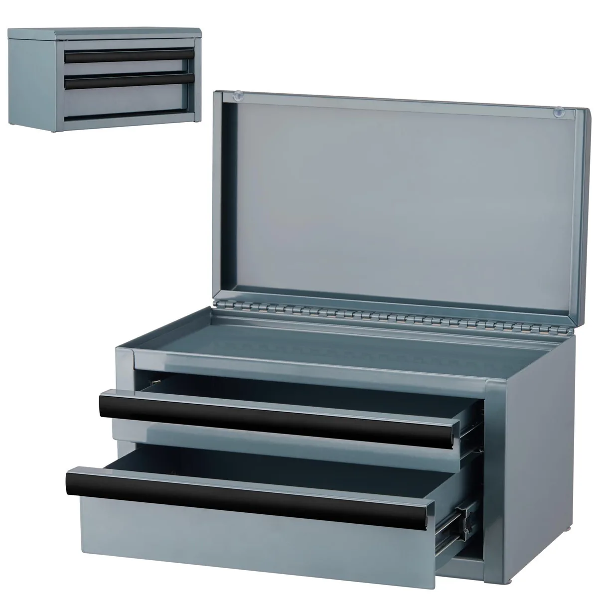 Grey metal mini toolbox, two drawers, top compartment, compact rectangular shape