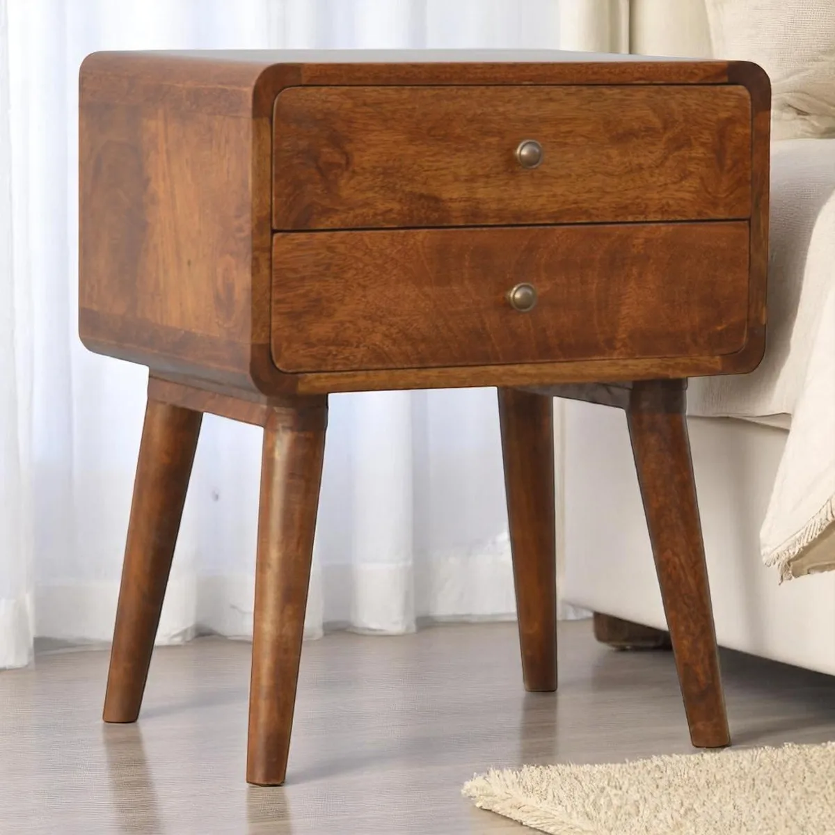 tuphen tuphen Solid Wood Curved Chestnut Nightstand 2 Drawers Nordic Legs Bedroom Set — product photo