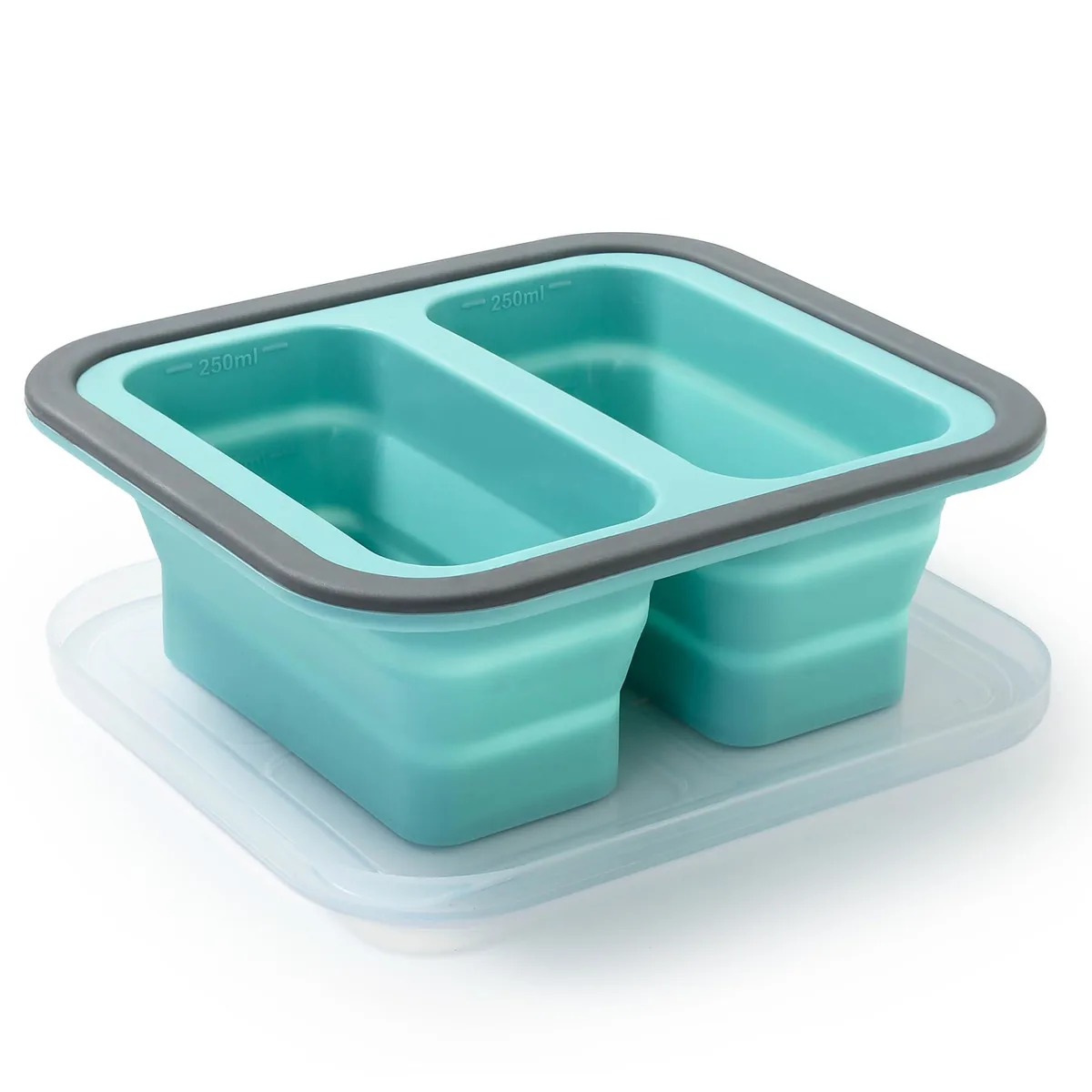 Mint green collapsible silicone food box with transparent lid