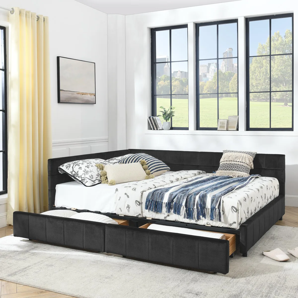 Black velvet queen daybed with tufted backrest, armrest and two drawers