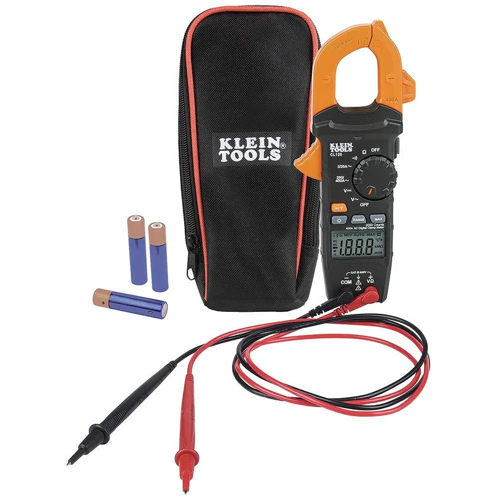 Yellow digital clamp meter with black LCD screen and hinged jaw