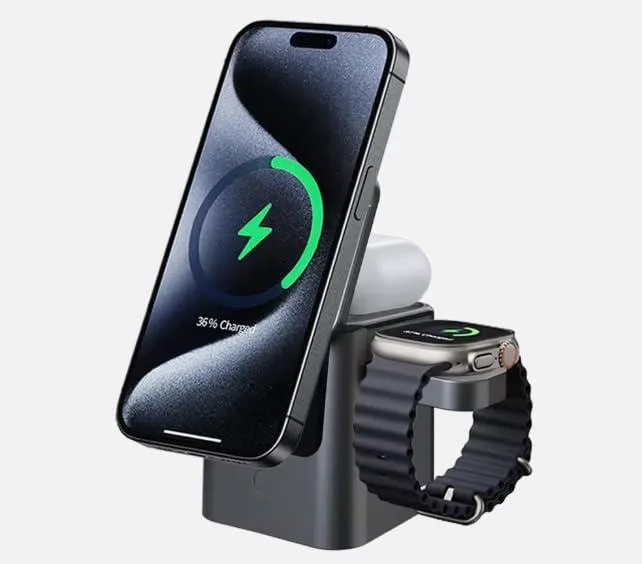 TriSurgix foldable magnetic wireless charger, gunmetal grey cube with LED indicator