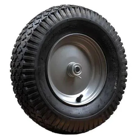 Black pneumatic wheel, 16 inch diameter, 4 inch wide, ribbed tread