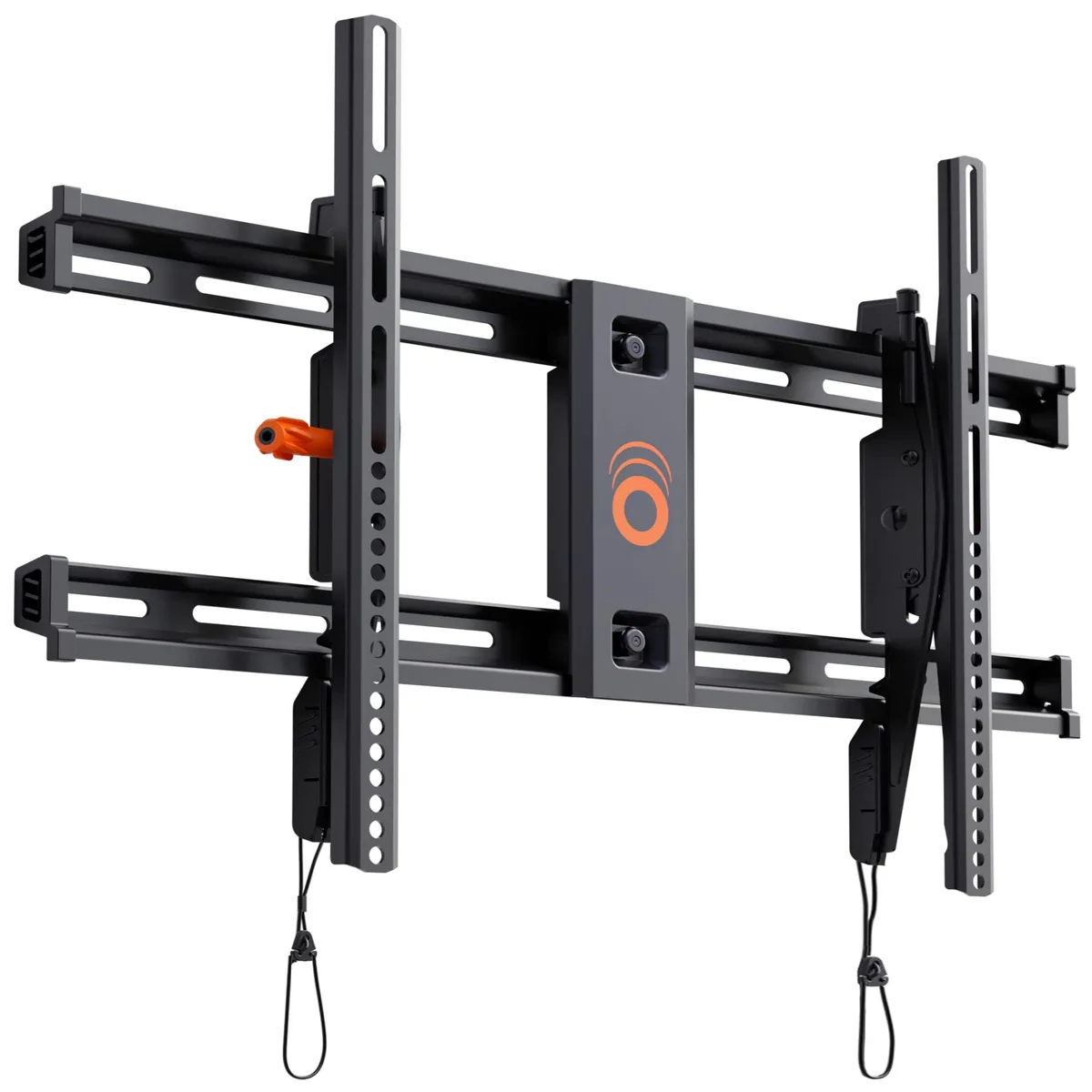Orange low-profile tilt TV wall mount with wide wall plate and drilling template