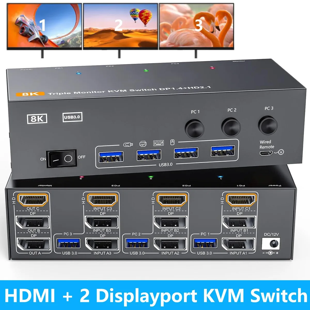 AUTYUE AUTYUE Triple Monitor HDMI+DP+DP KVM Switch 3 PC 3 Mon 4K@144Hz 8K@60Hz — product photo
