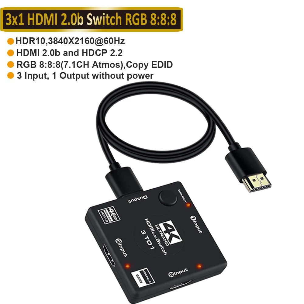 Black rectangular HDMI switch box, three inputs one output, short cable attached