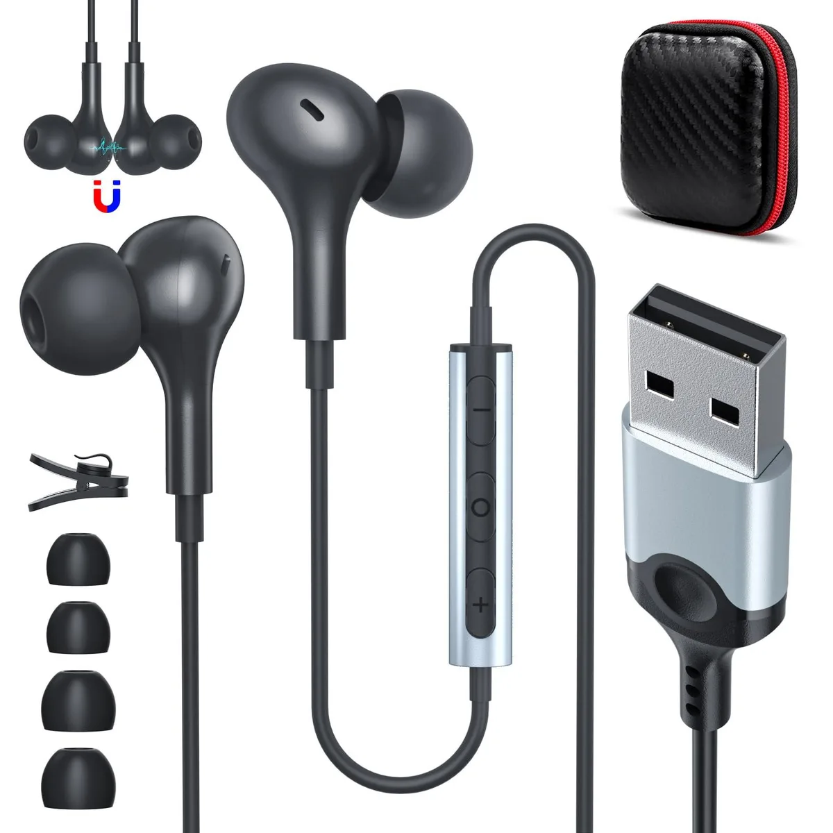  ASKUBSKU ASKUBSKU-0083 USB Wired Earbuds with Microphone, Black, 7.5 ft Cable — product photo