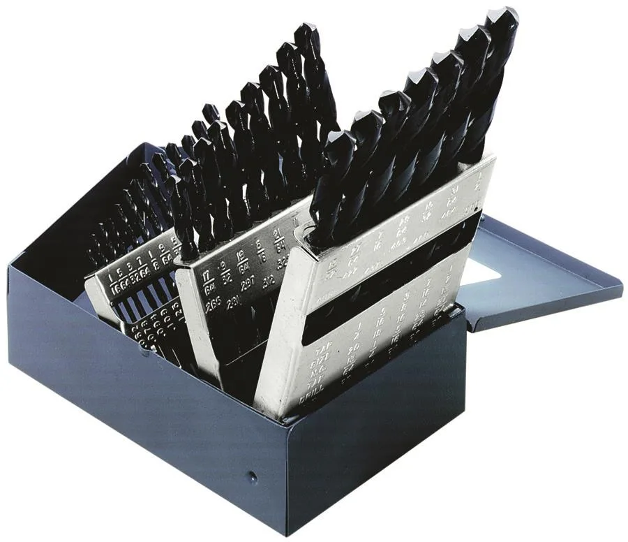 Klein Tools 29-piece drill bit set in hinged metal box with stand-up holders