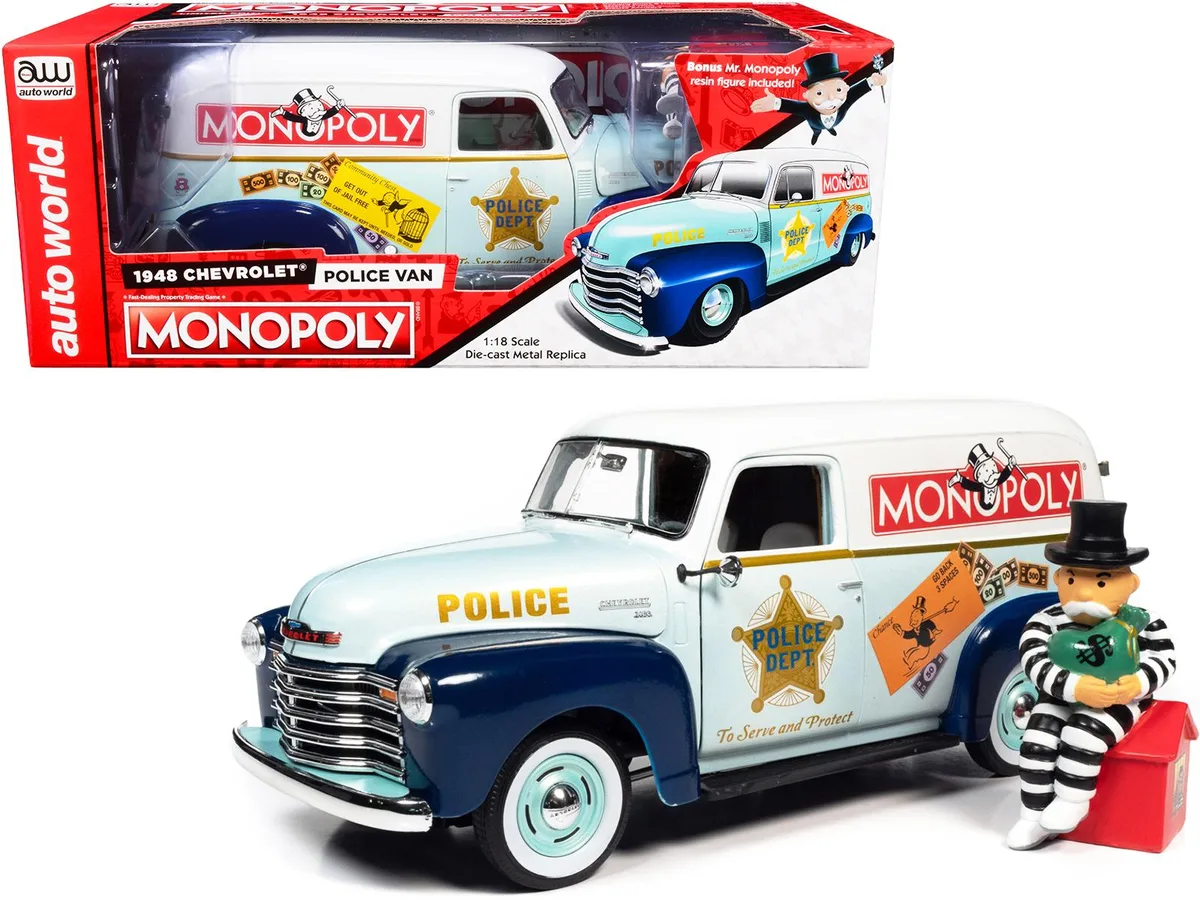 auto world Auto World 1948 Chevrolet Panel Police Van with Mr. Monopoly Figurine 1/18 Diecast Hobby Collectible — product photo