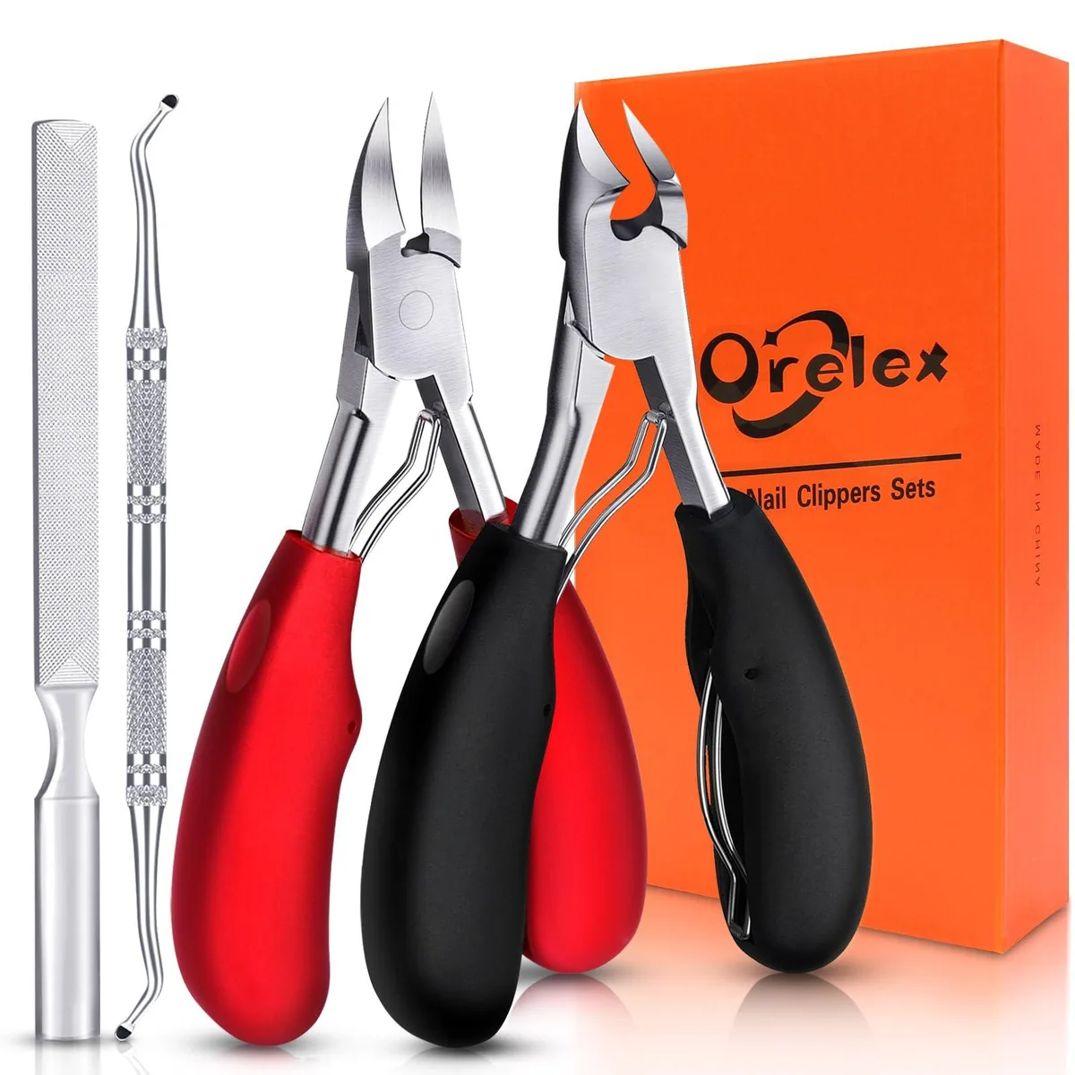 Four-piece toenail care set with curved stainless steel blades, ergonomic ABS handles in blue and red, protective covers included