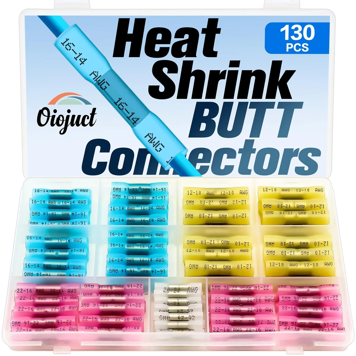 Clear box with 130 black heat-shrink butt connectors inside