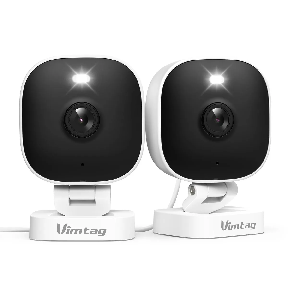 Two white wireless cameras with wall mounts shown together