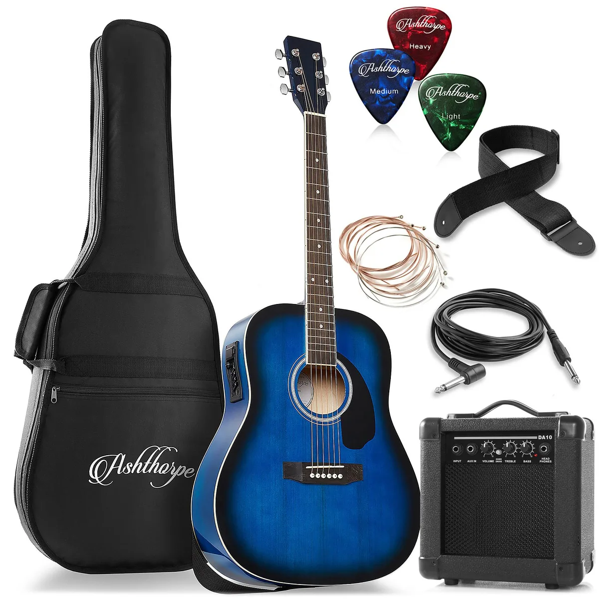 Ashthorpe Ashthorpe 41" Dreadnought Acoustic-Electric Guitar Package with 10 Watt Amp Blue — product photo