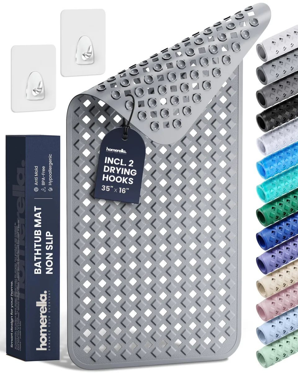 Rectangular ice-grey vinyl shower mat 35x16 inches with suction cups and drainage holes