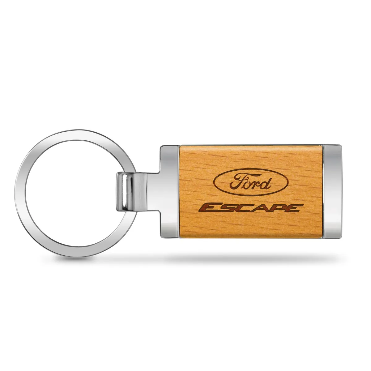 Maple wood key fob with chrome trim and laser-etched Ford Escape logo