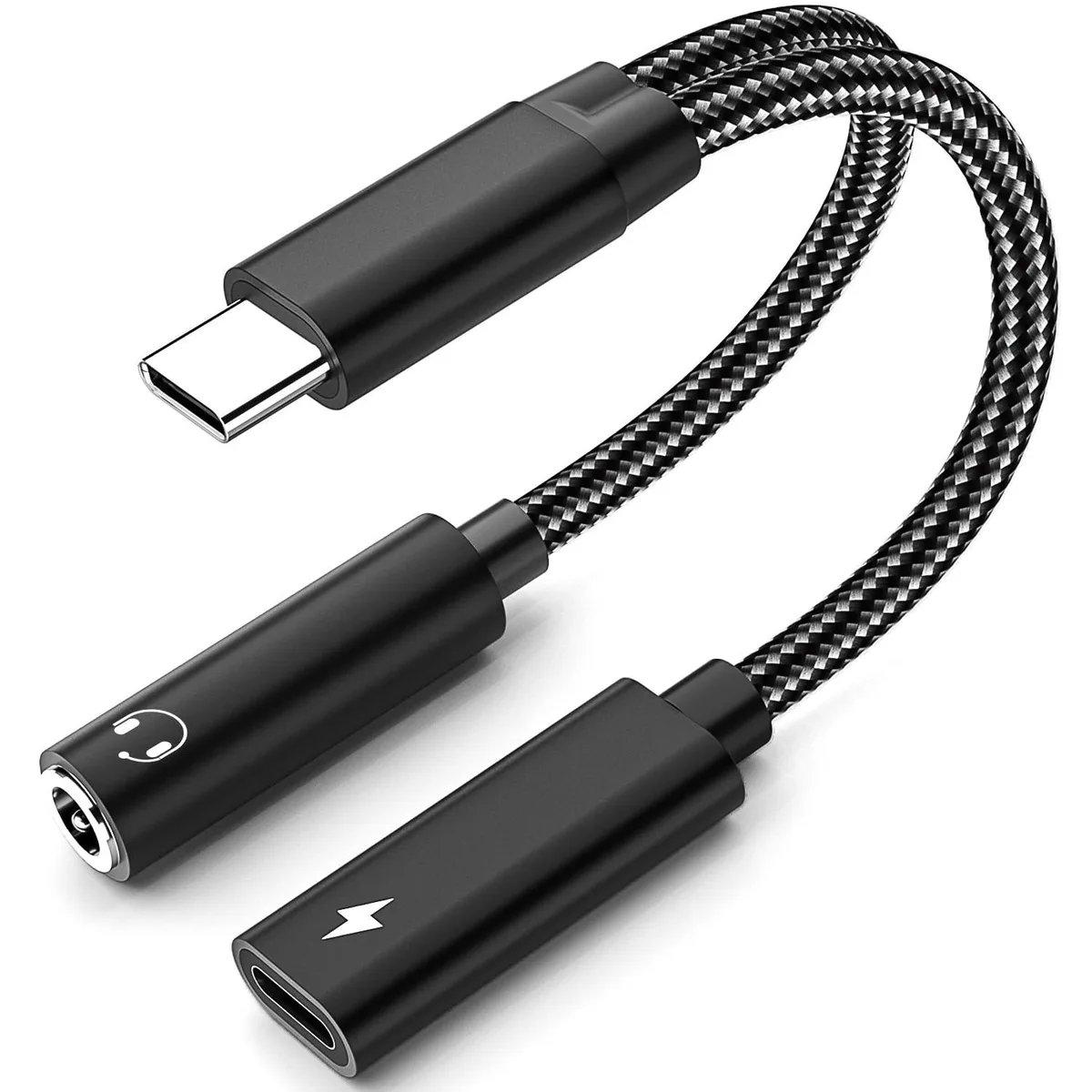 Black USB-C dongle with 3.5mm jack and USB-C charging port
